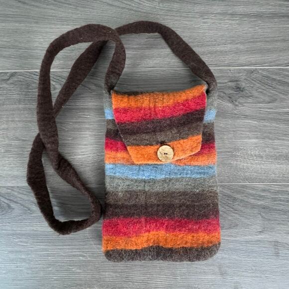 PrAna Striped Wool Boho Felt Crossbody Bag Orange Brown Gray Red Blue - Picture 2 of 7